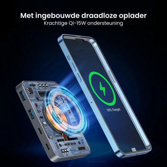 Smartphone met krachtige ingebouwde draadloze oplader en Qi-15W ondersteuning in blauw design
