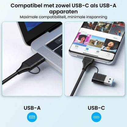 Zwarte kabel met USB-C en USB-A aansluiting verbonden met laptop en smartphone.