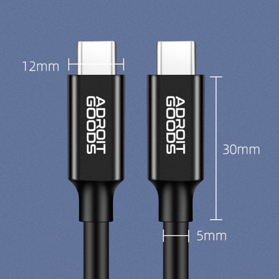 Zwarte USB-C kabel met afmetingen van 12 mm, 30 mm en 5 mm zichtbaar op blauwe achtergrond