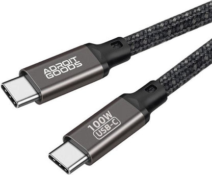 Zwart gevlochten USB-C kabel met metalen behuizing en AdroitGoods merklogo en 100W label.