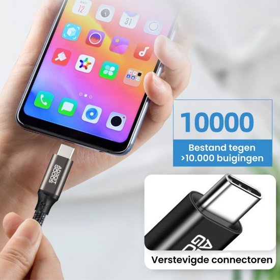 Hand met smartphone en duurzaam USB-C laadkabel met versterkte connectoren tegen buigen