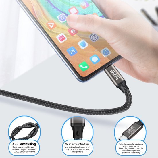 Hand die smartphone vasthoudt met AdroitGoods nylon gevlochten oplaadkabel en aluminium aansluiting