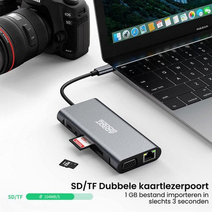 grijze kaartlezer verbonden met laptop en digitale camera met SD en TF kaart aansluiting