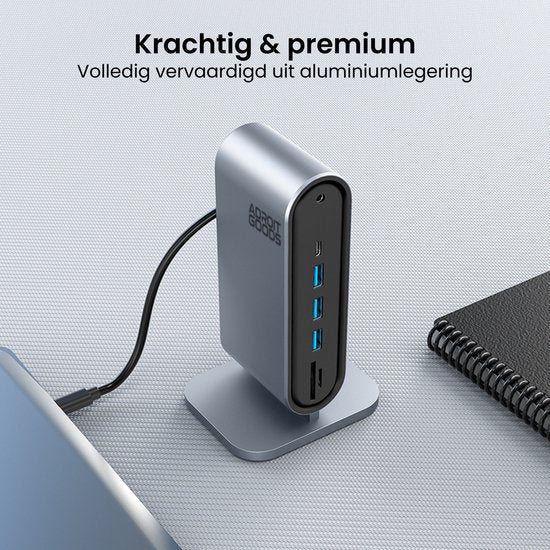 Premium aluminium hub met meerdere USB-poorten en een modern ontwerp voor kantoorgebruik