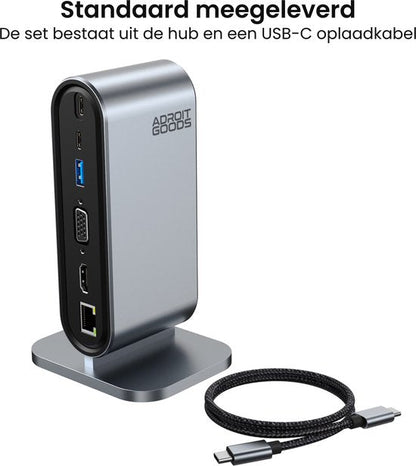 Zilverkleurige AdroitGoods hub met diverse poorten en een zwarte USB-C oplaadkabel naast zich