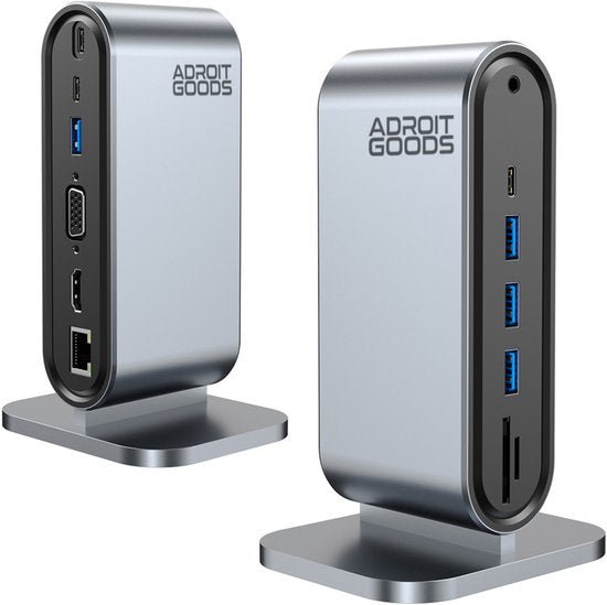 Dubbele AdroitGoods dockingstation met meerdere USB- en video-aansluitingen in aluminium behuizing