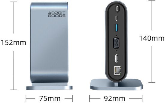 Blauwe AdroitGoods dockingstation met diverse poorten en afmetingen in millimeters zichtbaar