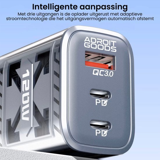 grijze AdroitGoods oplader met drie poorten en intelligente stroomaanpassing en blauwe achtergrond