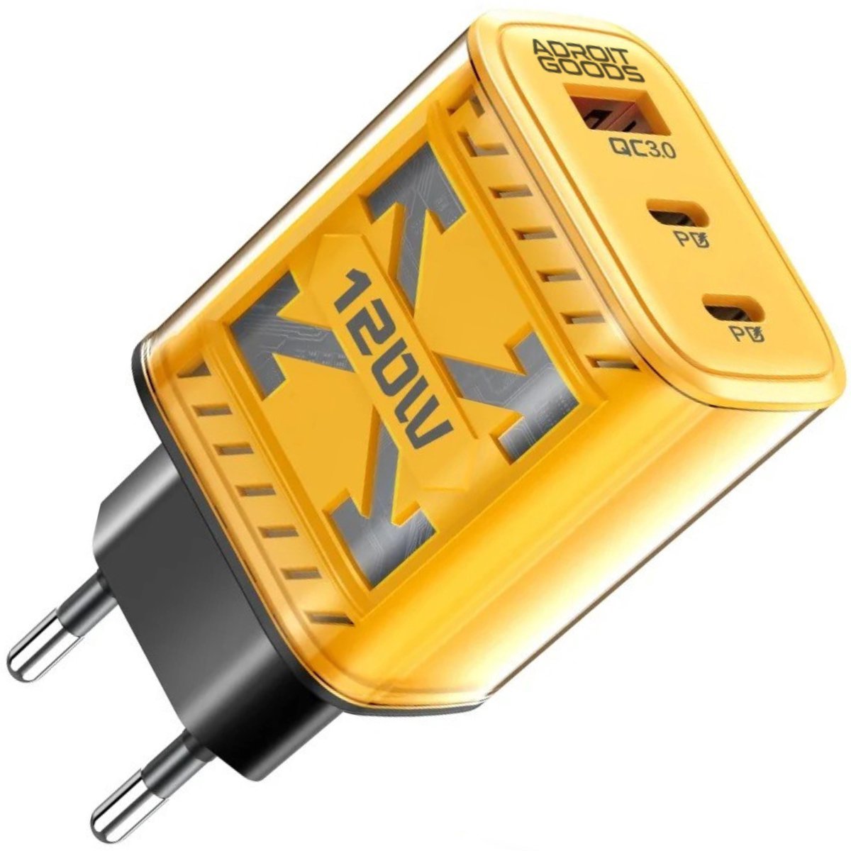 gele universele usb oplader met drie poorten en europese stekker elegante vormgeving