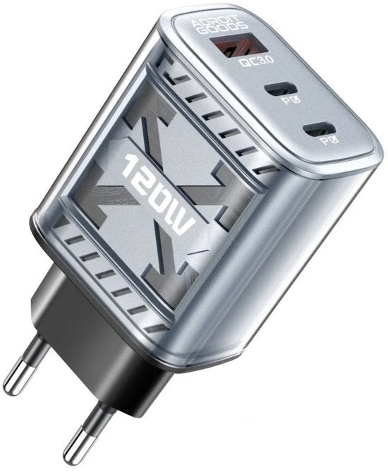 zilvergrijze usb-oplader met twee poorten en 120 watt vermogen zichtbaar in modern ontwerp