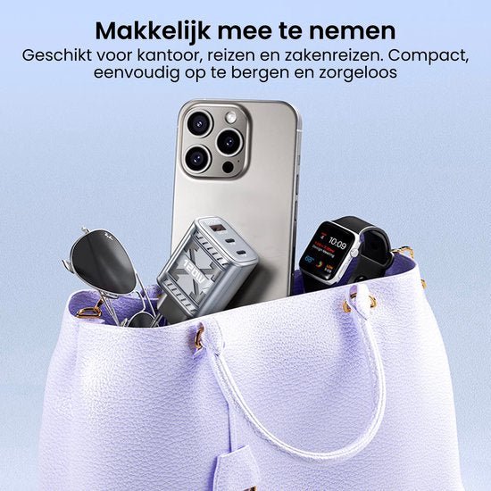 Witte handtas gevuld met een smartphone, smartwach, zonnebril en compacte oplader