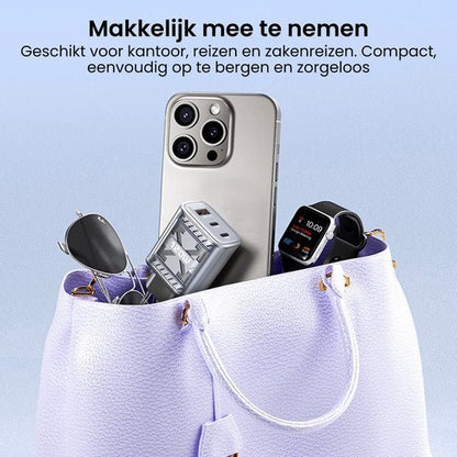 Witte handtas gevuld met een smartphone, smartwach, zonnebril en compacte oplader