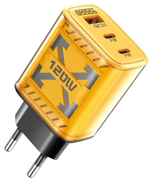 gele usb-lader met twee usb-poorten en 120w capaciteit en europese stekker