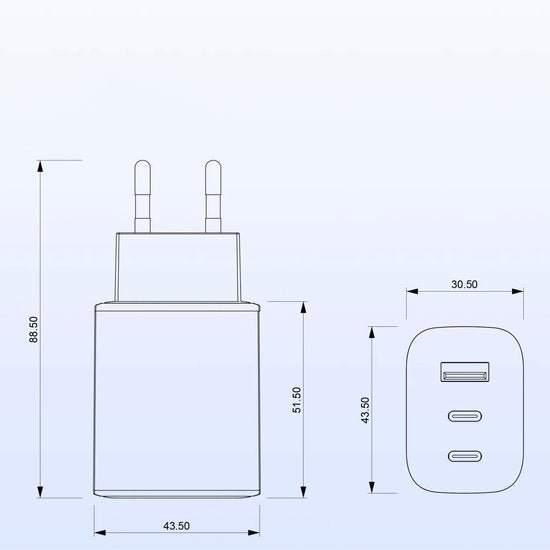 technische tekening van een oplader met afmetingen in millimeters in overzichtelijke weergave