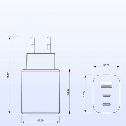 technische tekening van een oplader met afmetingen in millimeters in overzichtelijke weergave