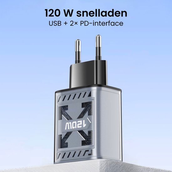 zwarte en grijze snellelader met twee usb-c poorten en stekker voor stopcontact