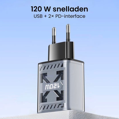 zwarte en grijze snellelader met twee usb-c poorten en stekker voor stopcontact
