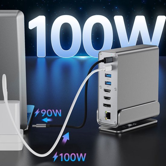Hoogwaardige aluminium docking station met meerdere poorten en 100W stroomvoorziening zichtbaar