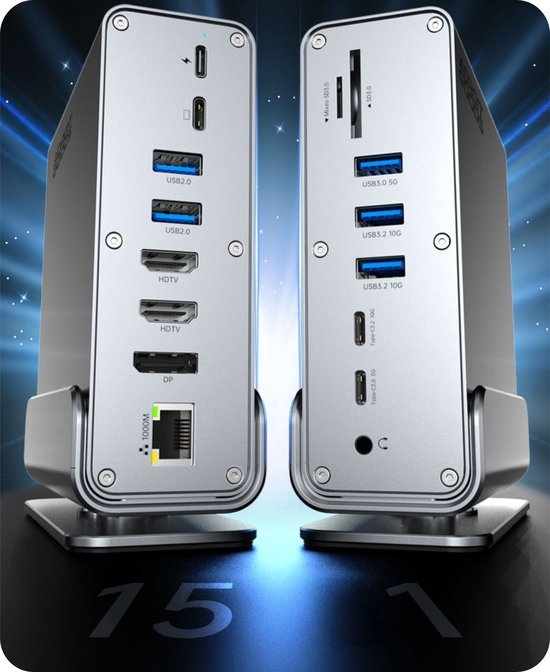 Twee zilverkleurige dockingstations met diverse USB-poorten en HDMI- en ethernetaansluitingen naast elkaar