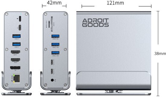 Zilverkleurig apparaat met meerdere poorten en AdroitGoods logo naast afmetingen weergegeven.
