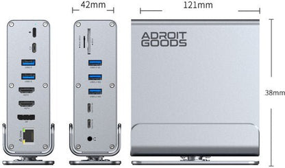 Zilverkleurig apparaat met meerdere poorten en AdroitGoods logo naast afmetingen weergegeven.