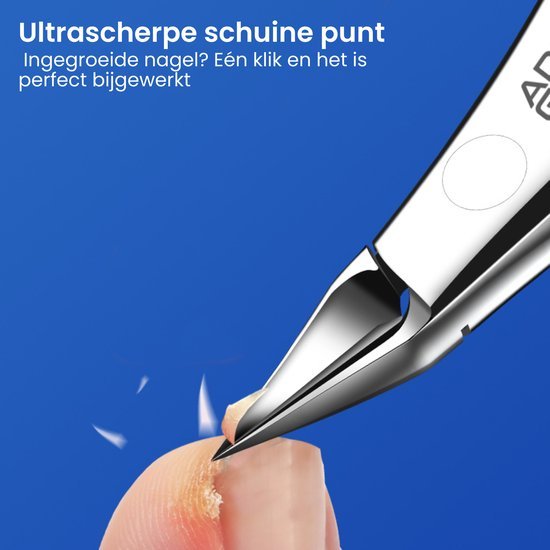 Close-up van ultrascherpe schuine punt die ingegroeide nagel bijwerkt op vingerhoed