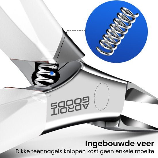 Close-up van een metalen veermechanisme in een tang met witte handvatten en merknaam AdroitGoods.