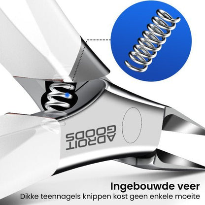 Close-up van een metalen veermechanisme in een tang met witte handvatten en merknaam AdroitGoods.