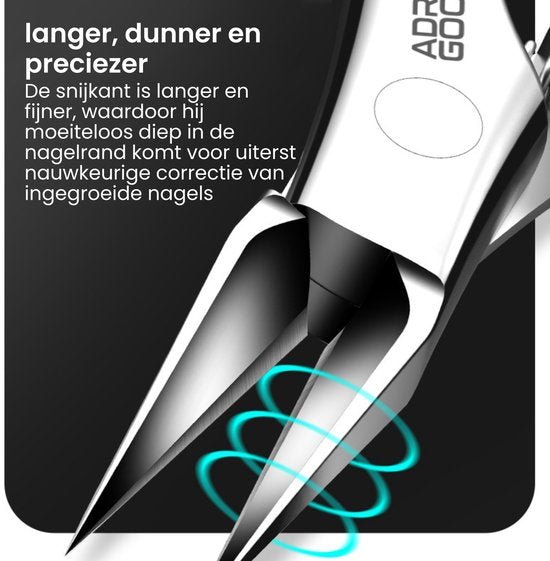 Zilverkleurige, precieze nagelknipper met langer en dunner snijvlak voor nauwkeurige correctie.