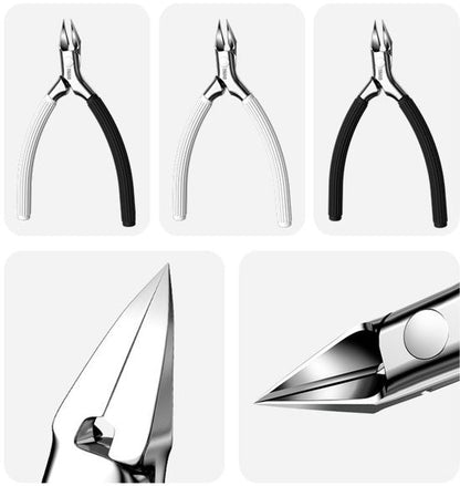 detailed close-up van professionele knipnageltang met zwarte en witte handgrepen