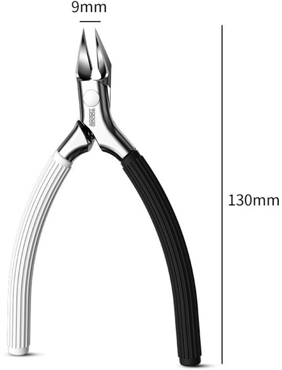 Zilverkleurige kniptang met witte en zwarte handgrepen en afmetingen 130mm bij 9mm.