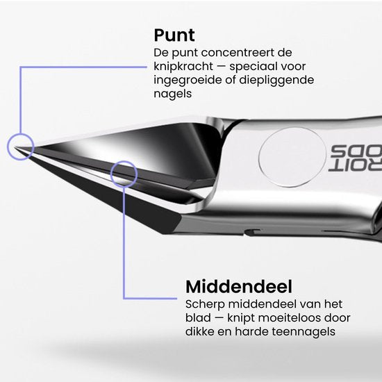 Close-up van een roestvrijstalen nagelknipper met scherpe punt en middendeel voor zware nagels.
