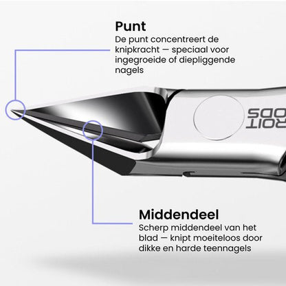 Close-up van een roestvrijstalen nagelknipper met scherpe punt en middendeel voor zware nagels.