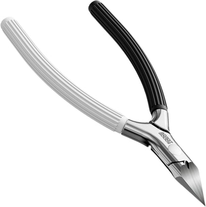 zwarte en witte tang met geribbelde handgrepen en scherpe metalen punt