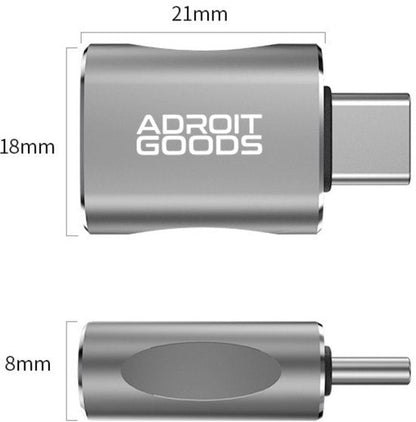 grijze metalen adapter met usb-c aansluiting en afmetingen in millimeters zichtbaar