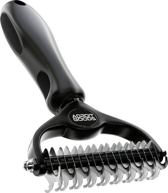 Zwart handvat met roterende metalen kam met gekrulde tanden voor verzorging.