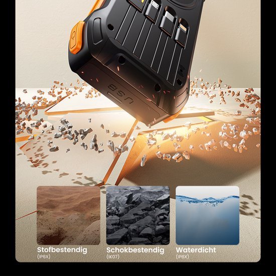 Robuust apparaat met stof-, schok- en waterbestendige functies getoond in actiebeeld