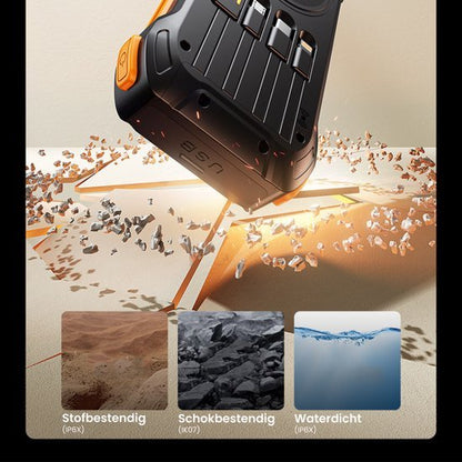 Robuust apparaat met stof-, schok- en waterbestendige functies getoond in actiebeeld