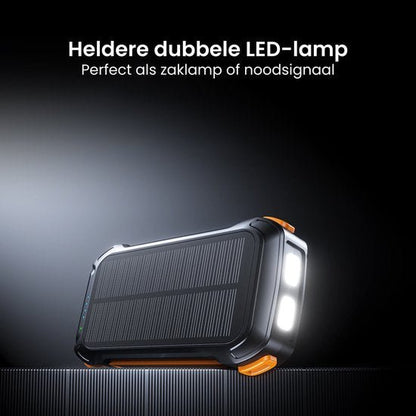 Helder verlichte dubbele LED-lamp met zwarte behuizing en oranje accenten voor noodsignalen