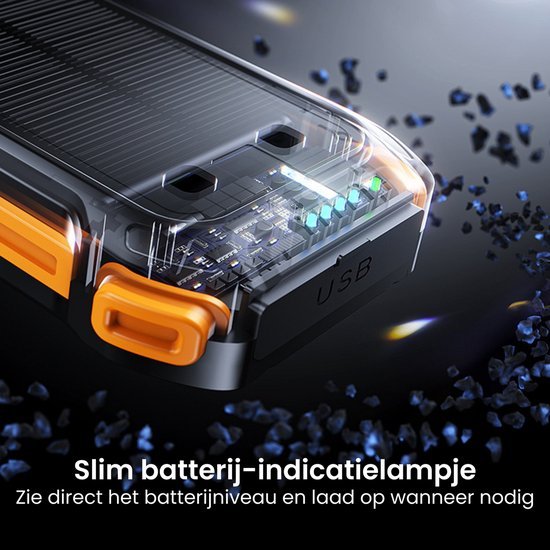 close-up van een USB-apparaat met transparante behuizing en batterij-indicatielampjes