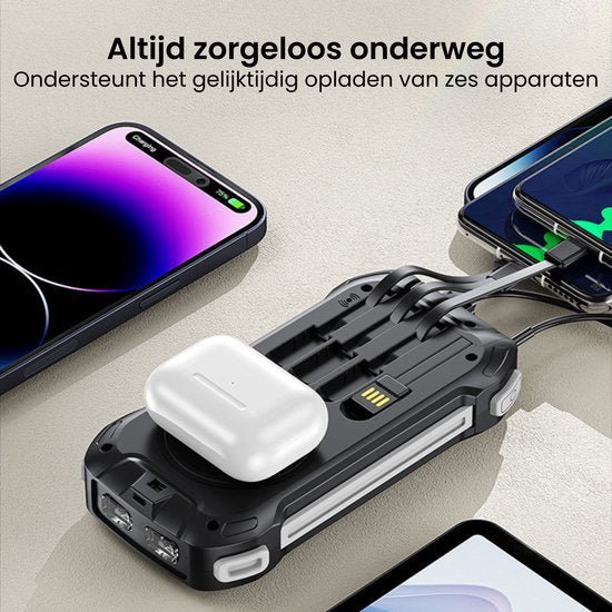 Draagbare oplader die zes apparaten tegelijk draadloos en met kabels kan opladen.