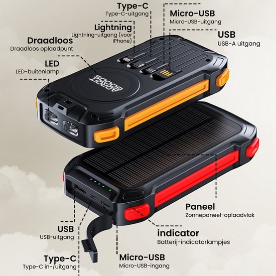 Draadloze oplader met solar paneel, LED lampje en diverse USB-uitgangen in zwart en oranje kleur