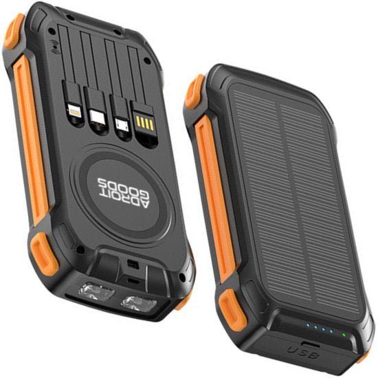 Robuuste powerbank met ingebouwde opladers en zonnepaneel in zwart en oranje design