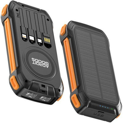 Robuuste powerbank met ingebouwde opladers en zonnepaneel in zwart en oranje design