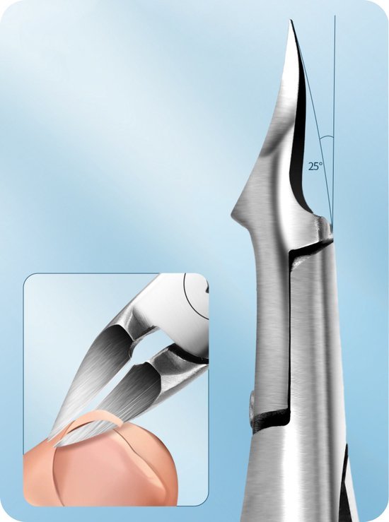Roestvrijstalen nagelknipper met scherpe punt en 25 graden kniphoek voor precisie.