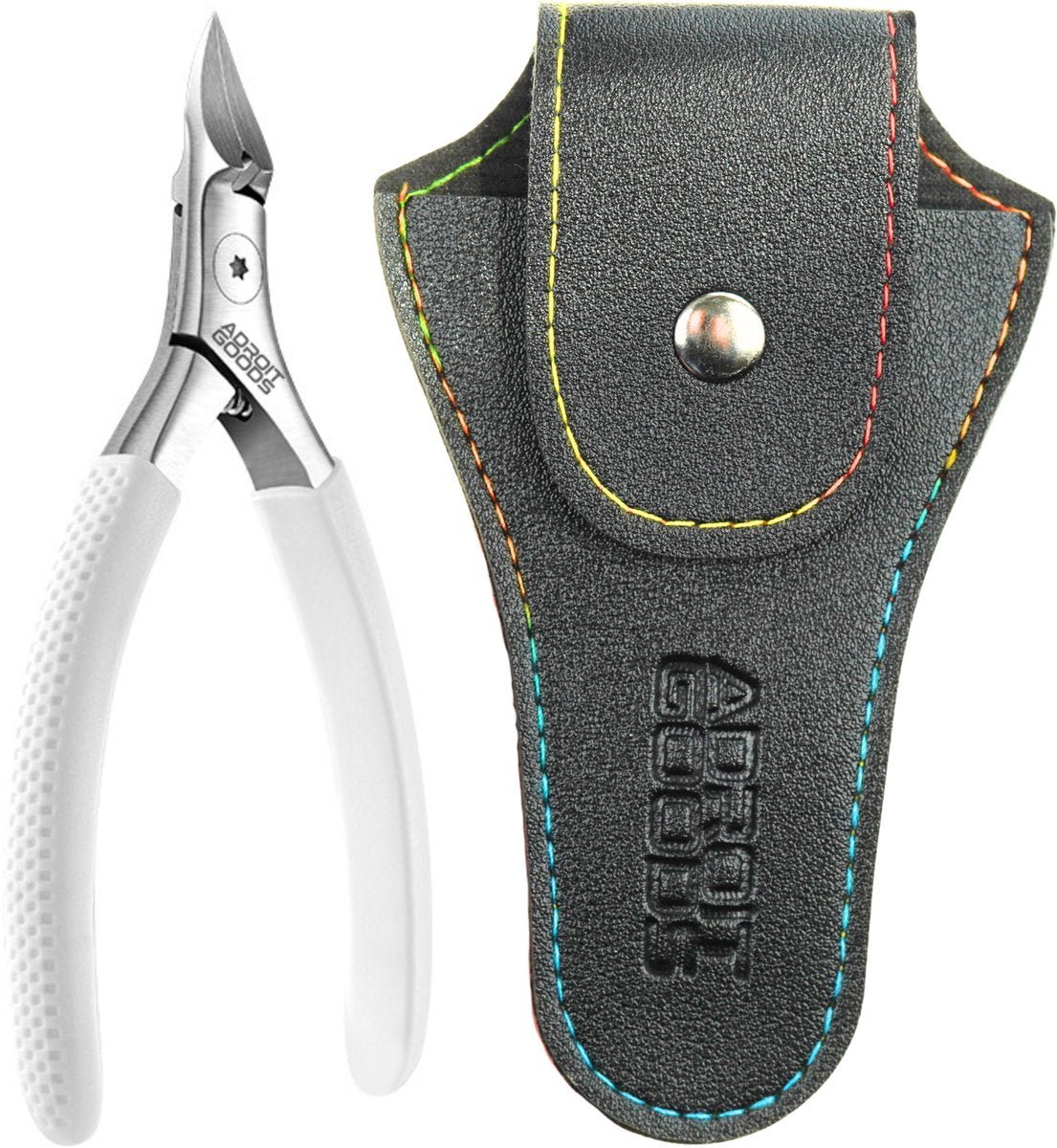 Witte kniptang met ergonomische handgreep en zwart etui met gekleurde stiksels en drukknop sluiting