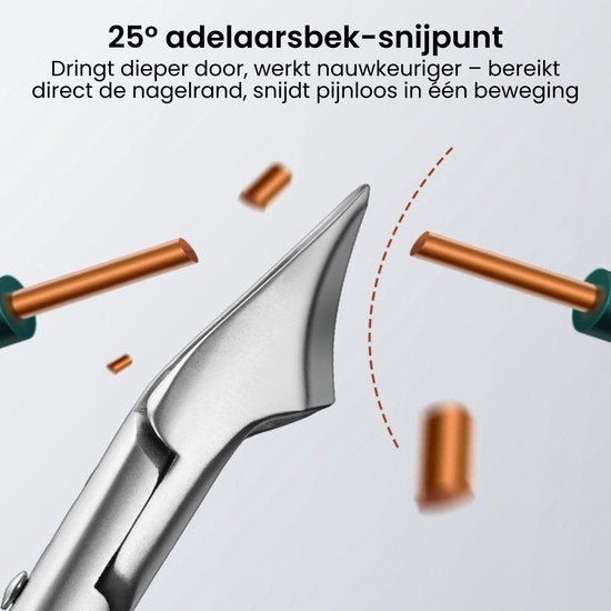 Close-up van een scherp 25 graden adelaarsbek-snijsnapunt van een metalen nagelknipper.