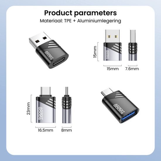 Zwarte USB-adapter van TPE en aluminiumlegering met gedetailleerde afmetingen zichtbaar