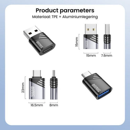 Zwarte USB-adapter van TPE en aluminiumlegering met gedetailleerde afmetingen zichtbaar
