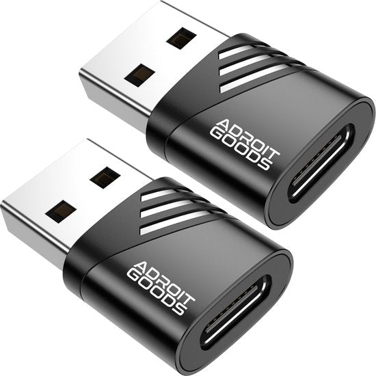 Twee zwarte USB naar USB-C adapters met wit Adroit Goods logo en compacte vormgeving.